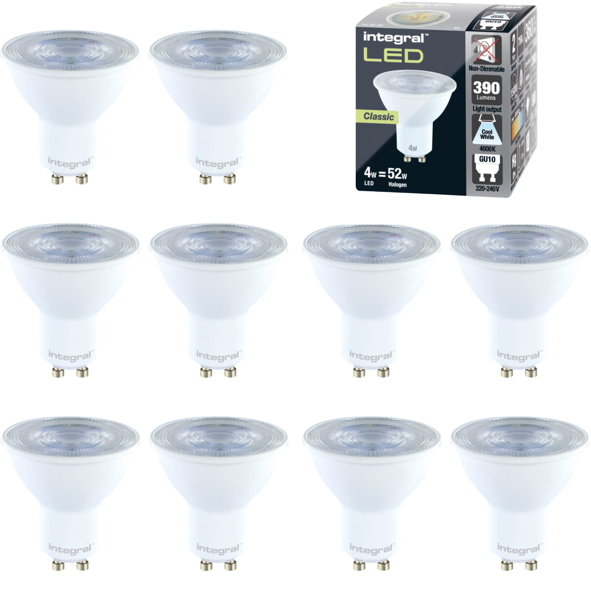 Integral LED 3.6W LED GU10 Lamps Bulbs PAR16 Non-Dimmable Indoor Lighting: 10 Packs (4000K / Cool White)