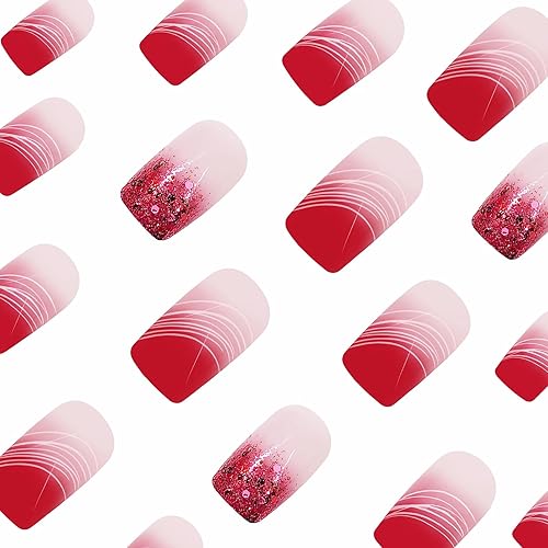 Miniatura 9 de MISUD Uñas postizas cuadradas cortas a presión, uñas postizas Squoval de primavera, uñas con pegamento brillante, uñas acrílicas blancas con punta