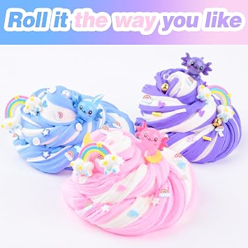 3 Pack Axolotl Slime Kit, Pink, Blue, Purple, Dual Colors Butter Slime with Axolotl Charms, Party Favors for Girls and Boys Ages 8-12, Soft & Non-Sticky, Birthday Gift, Goodie Bag Stuffers