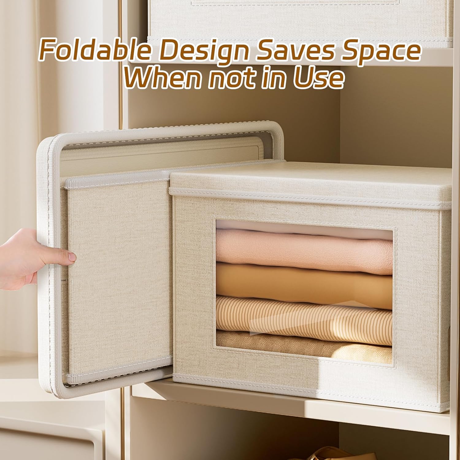 4-Pack Fabric Foldable Storage Bins Closet Storage Box with Window Decorative Storage Bins with Lids for Clothes, Closet, Living Room, Beige, 17“ x 11.8” x 11.8"