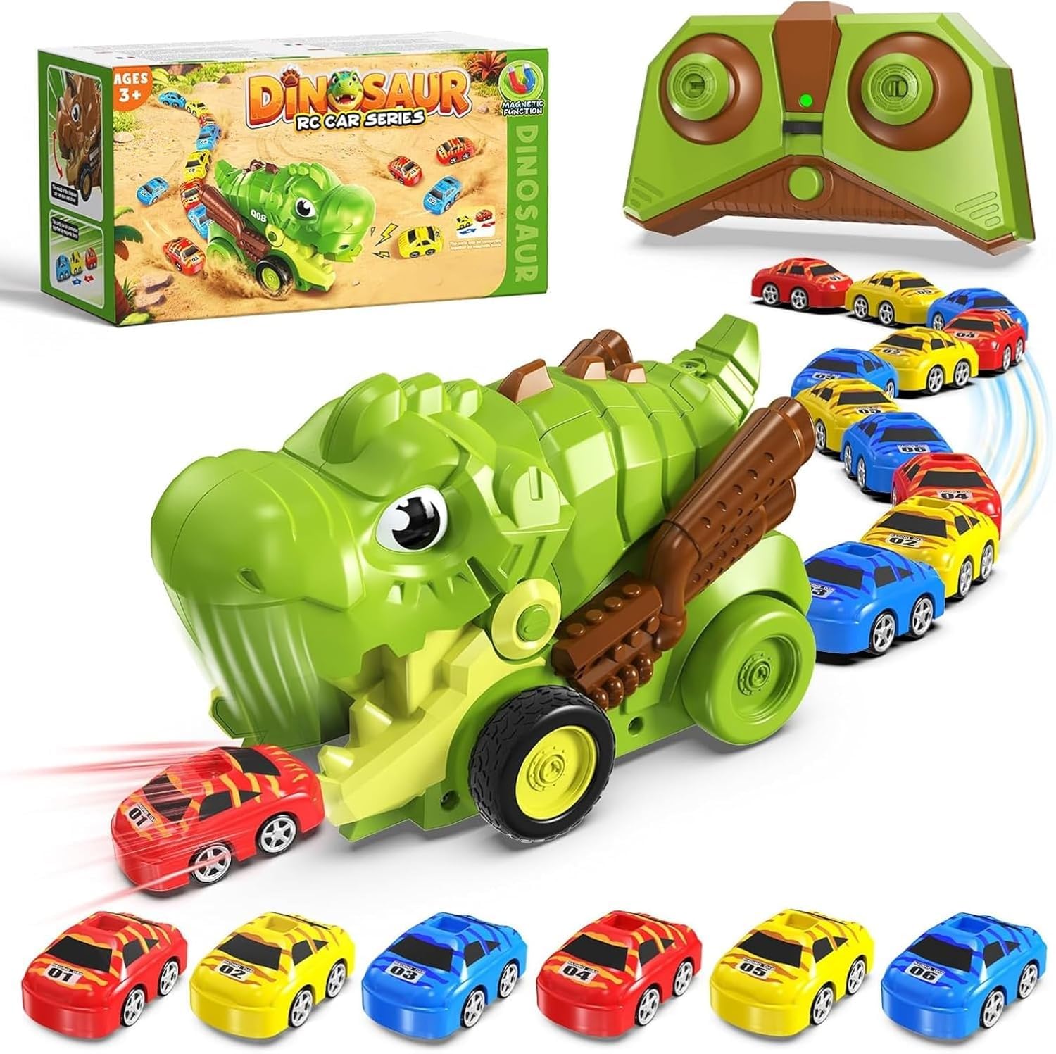 Remote Control Dinosaur Car Toy for Kids Age 3+ Years | 6 Magnetic Mini Cars, Snake Follow Game, LED Light & Sound, USB Rechargeable-image-15