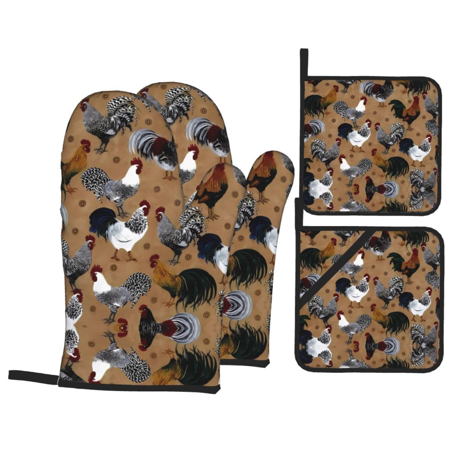 HJFCZH Rooster and Chicken Print Prints Kitchen Covers: Waterproof Oven Layers for Safe Cooking & Easy Cleanup - 4 Piece Heat Protection Set
