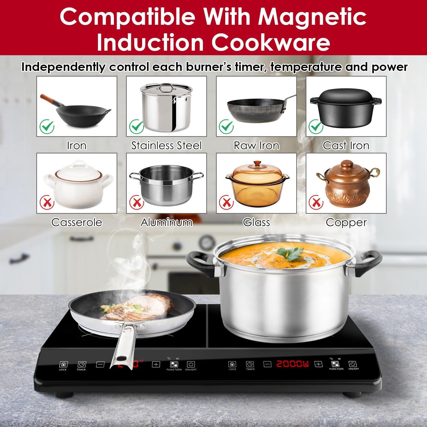 4000W Double Induction Cooktop Portable Electric Dual Burner Stove with 9 Power Levels, 9 Temperature Settings, 3H Timer, Touch Control Countertop Hot Plate for Fast Efficient Cooking