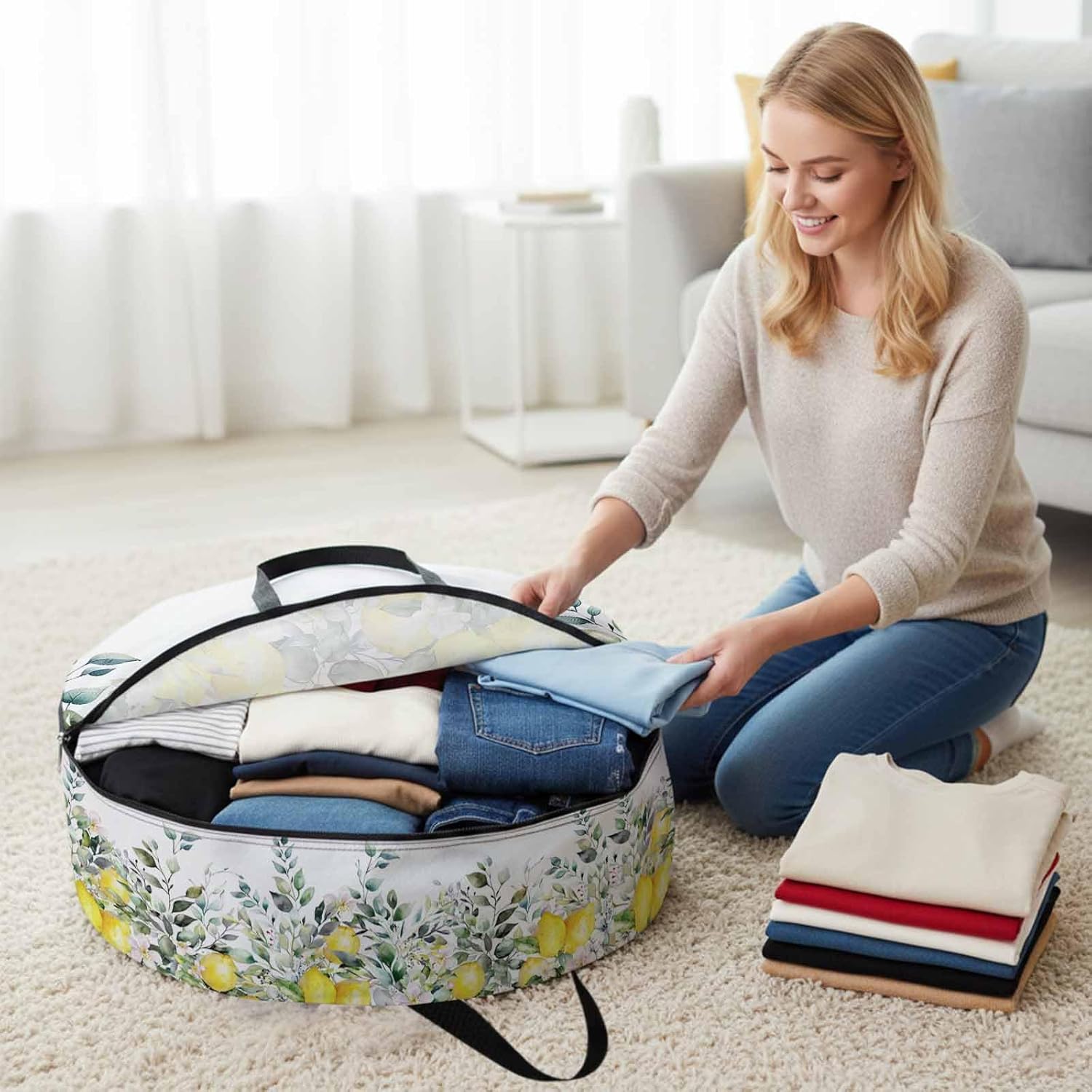 Rustic Floral Plant Round Storage Bag 36 Inch, Green Eucalyptus Leaves Sage Lemon White Clothes Storage Container with Handles Heavy Duty Organizer for Comforter, Bedding & Holiday Wreaths