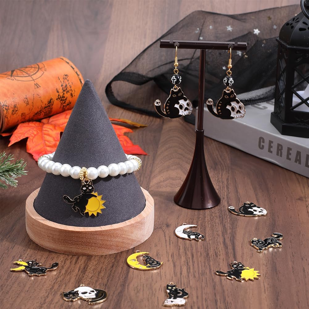 SUNNYCLUE 1 Box 32Pcs 8 Styles Halloween Charms Bulk Black Cat Charms Gothic Alloy Enamel Sun Moon Cats Kitten Skull Beak Flatback Charm for Jewelry Making Charms Women DIY Necklaces Earrings Crafts