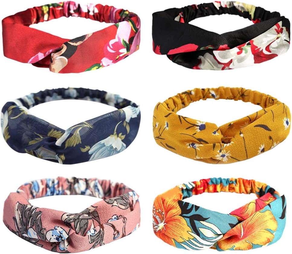 Headbands for Women Boho Flower Print Elastic Hair bands Twisted Bandana Scarf Wide-Brimmed Knot Hair Accessories, 6 Pack