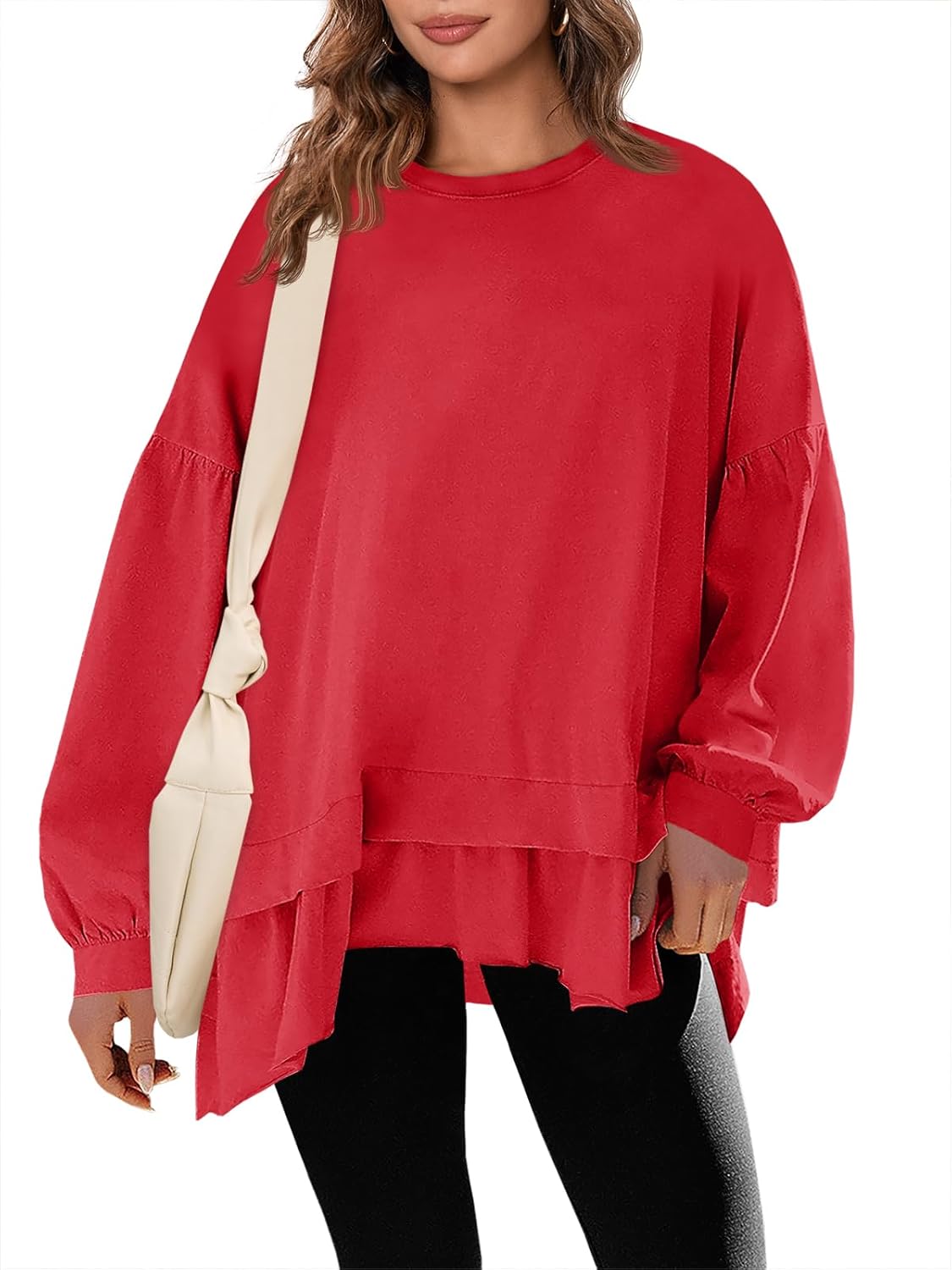 Tankaneo Womens Oversized Tops Peplum Puff Long Sleeve Shirts Trendy Casual Loose Fit Crew Neck Tunic Shirts