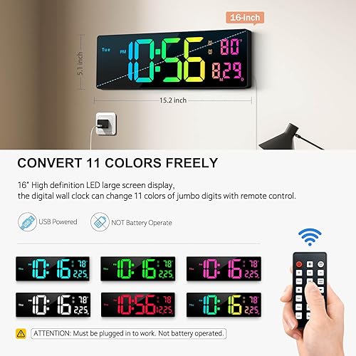 Miniatura 2 de Reloj de pared digital de 16 pulgadas, relojes de pared con 11 colores RGB, reloj despertador con luces nocturnas, reloj digital grande para sala de