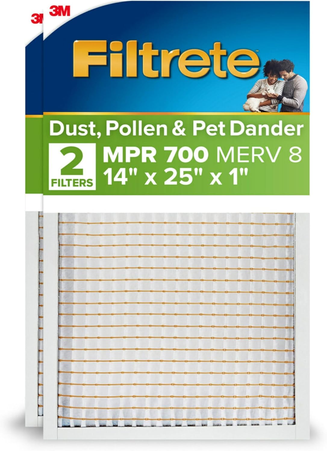 Filtrete 14x25x1 AC Furnace Air Filter, MPR 700, MERV 8, Tough on Pollen, Easy on Airflow, 3-Month Pleated 1-Inch Electrostatic Air Cleaning Filter, 2-Pack (Actual Size 13.81 x 24.81 x 0.81 in)