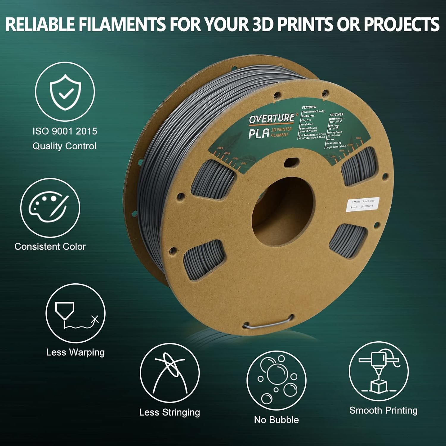 Crаzу Dеаlѕ OVERTURE PLA Filament 1.75mm PLA 3D Printer Filament, 1kg Cardboard Spool (2.2lbs), Dimensional Accuracy +/- 0.03mm, Fit Most FDM Printer (Space Gray)