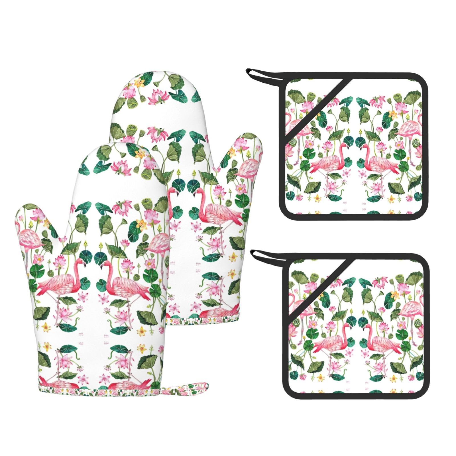 Flamingo Bird Round Leaves Trendy Printed Kitchen Set with Heat Resistant Gloves & Non-Slip Hot Pads for Baking & Grilling