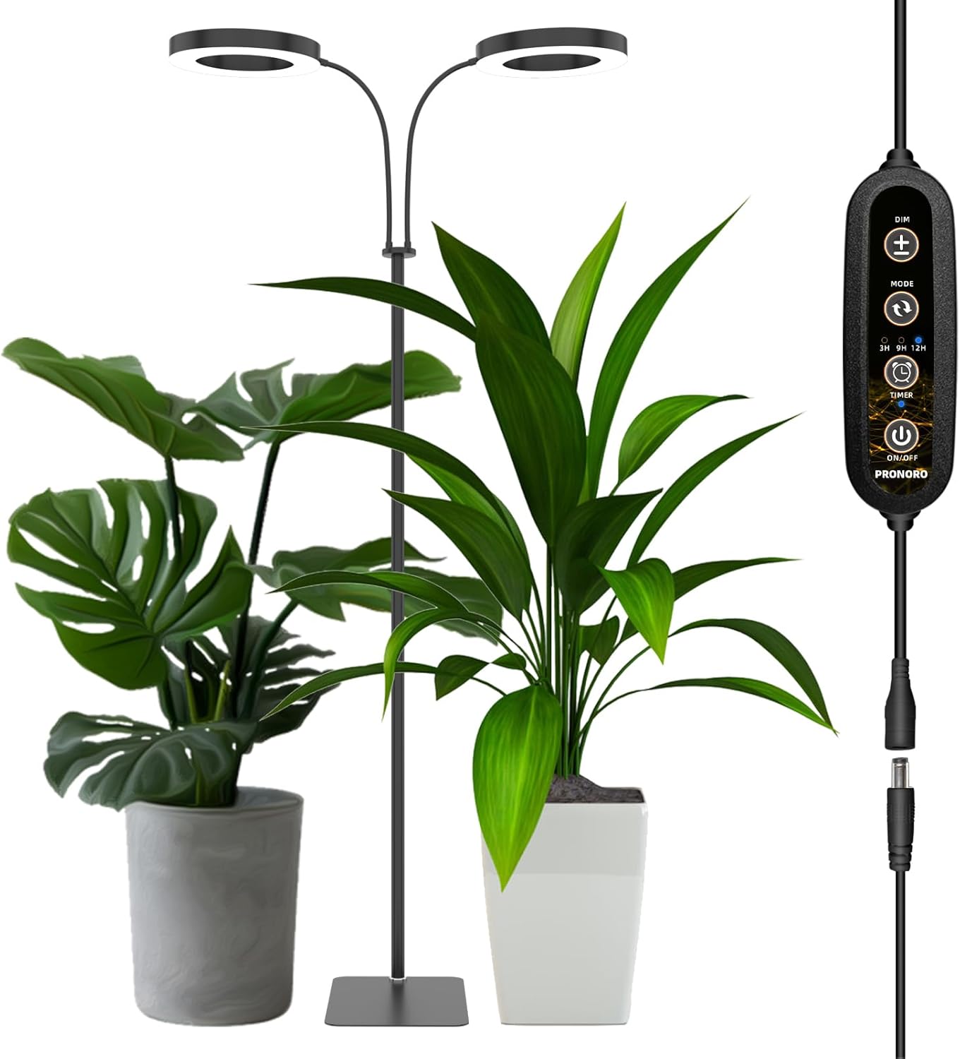 Grow Light for Indoor Plants,Full Spectrum 2-Head LED Grow Light,Standing Grow Light for Large Plants,Auto ON/Off Timer,6 Dimmable Levels,3 Spectrum Light Modes,Height Adjustable,36W