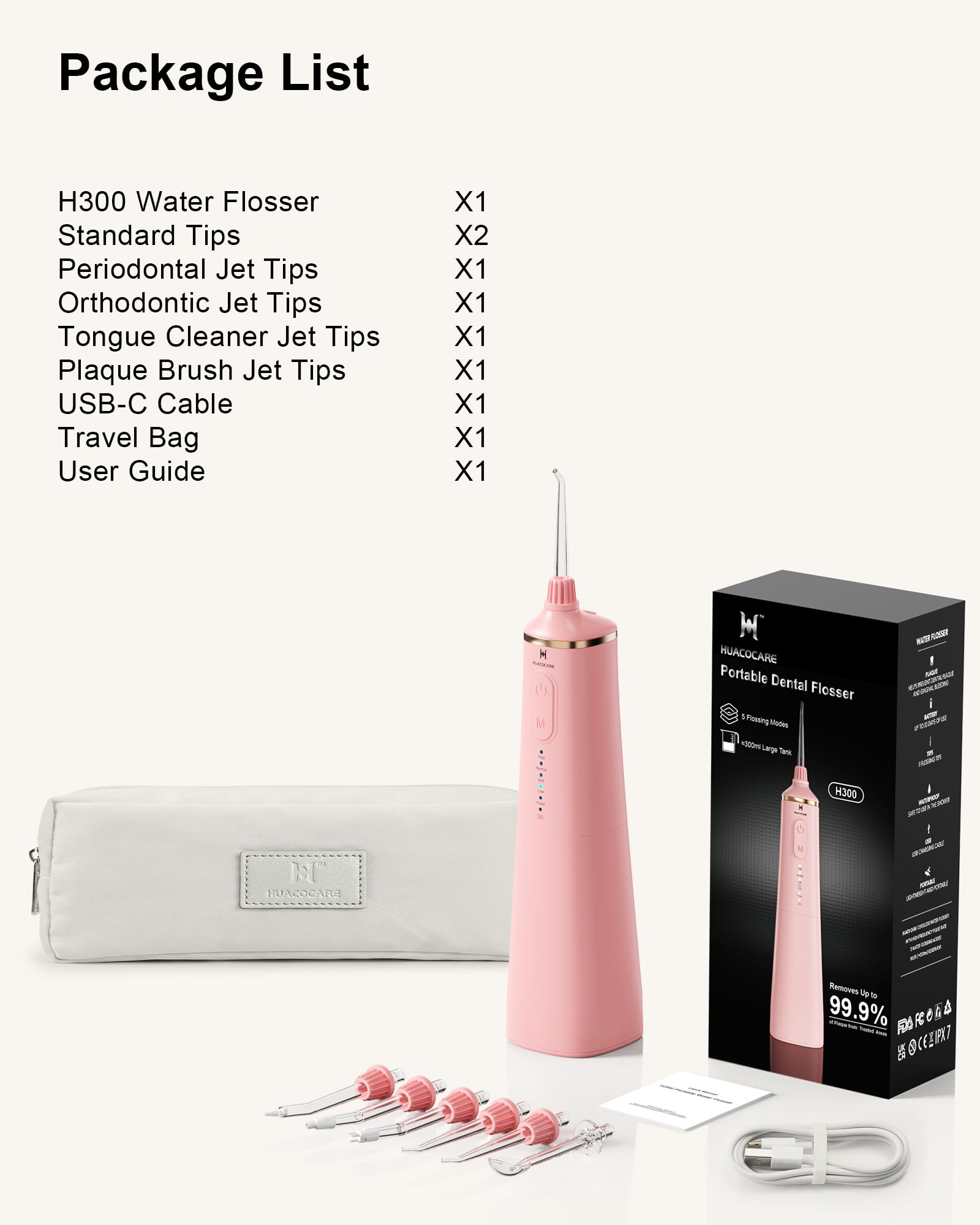 HUACO CARE Irrigador bucal de agua mejorado de 300 ml, 5 modos de irrigador bucal profesional inalámbrico, limpiador dental de agua de pulso de alta presión para el hogar y viajes, elimina la placa