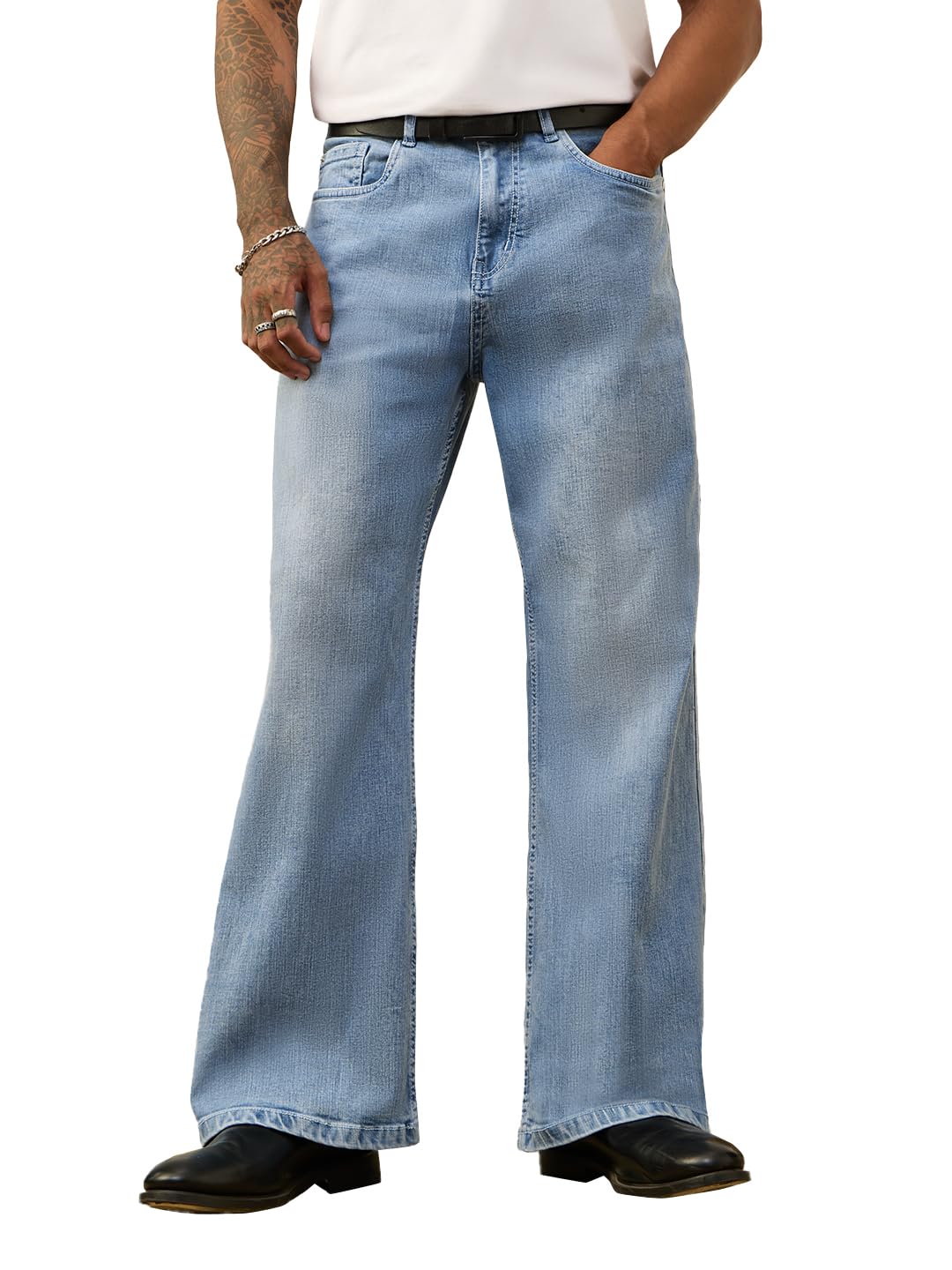 the souled store Bootcut Denim: Men and Boys Buttoned Closure Faded Vintage Washed Cotton Blend Bootcut Fit Stretchable Lightweight Everyday All-Season Denim Jeans-picture-55