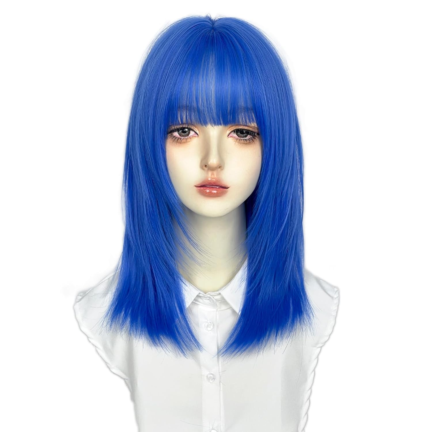 WKLOUYHE Short Straight Wig with Bangs for Women Shoulder Length Bob Women's Synthetic Wigs Heat Resistant Hair for Cosplay Daily Party Use (Blue)