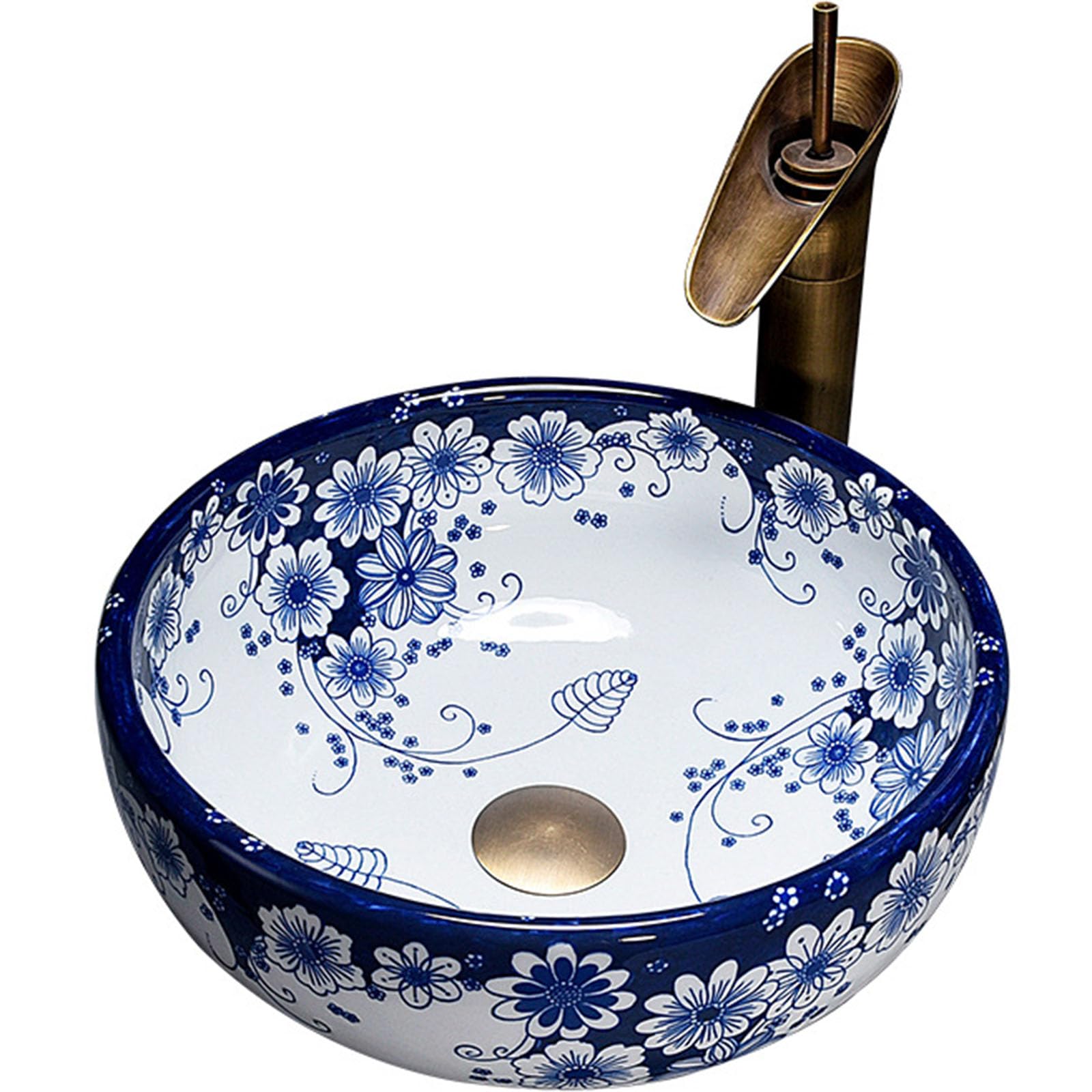 35 Cm Okrągła Umywalka Ceramiczna Nablatowa Z Białym I Niebieskim Wzorem - Nowoczesna Umywalka Nablatowa Do Łazienki, Mała Porcelanowa Umywalka Nablatowa Z Baterią
