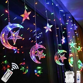 Décoration de rideau Ramadan - Étoile et lune - Lumière USB - Décoration de fête - Parfait pour le Ramadan Eid - Décoratio...
