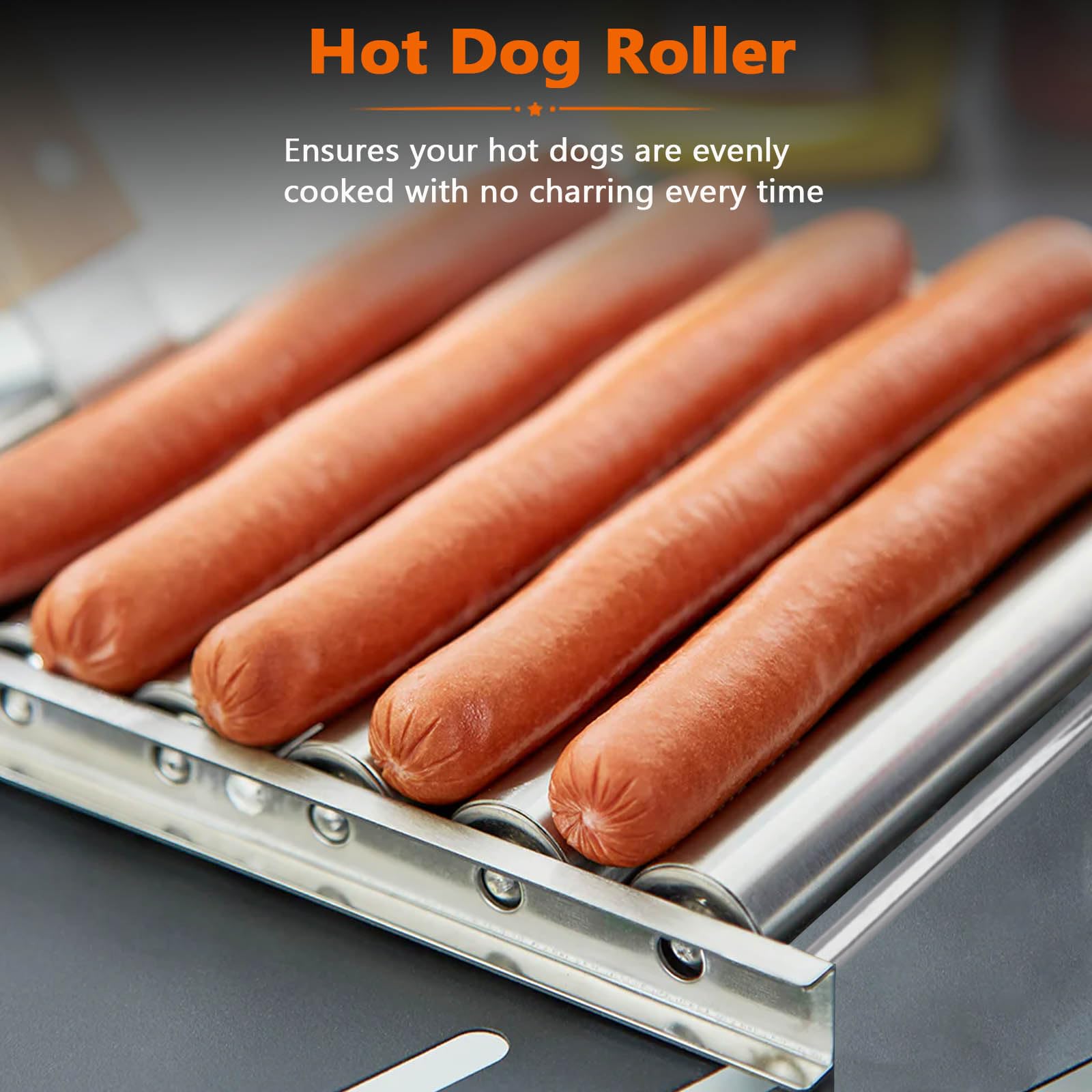 TOYMIS Edelstahl Hot Dog Roller Für Den Grill – 6 Rollen Für Bis Zu 5 Würste, Inkl. Metallspatel Mit Holzgriff