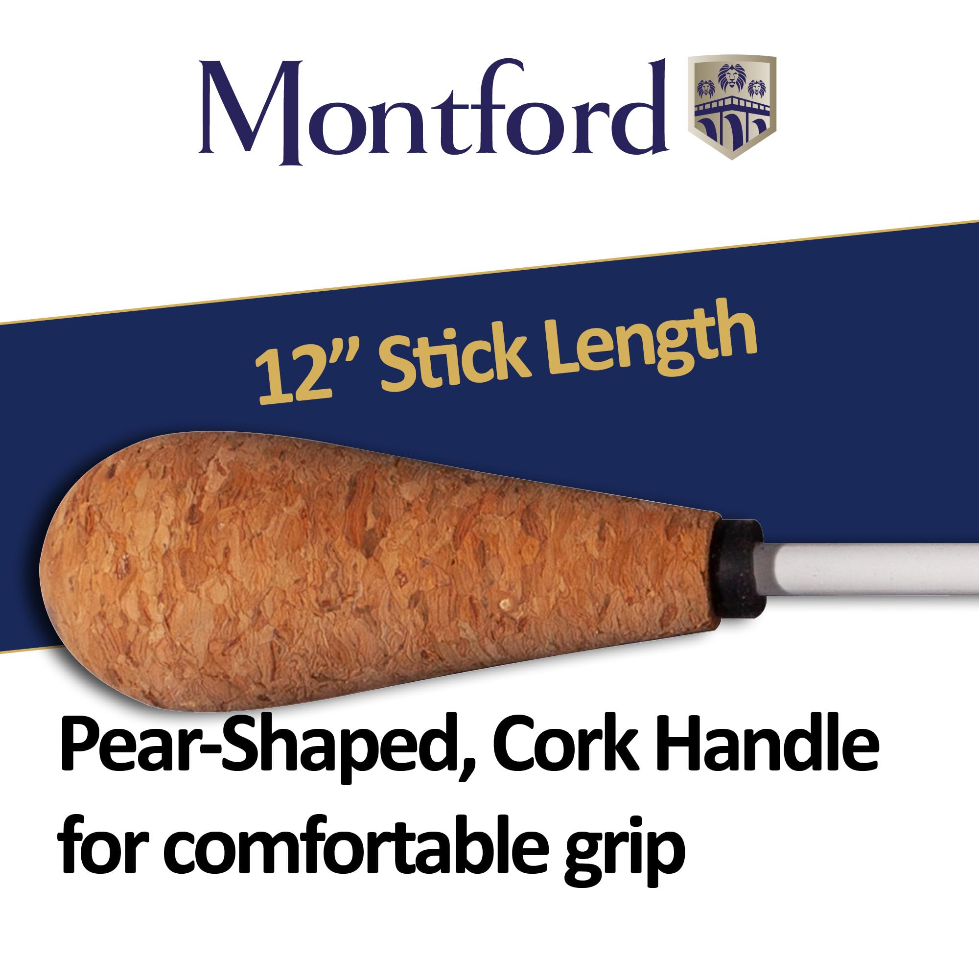Montford Taktstock für Dirigenten - 30,5 cm Korkgriff - Birnenförmiger Griff Ergonomischer Korkgriff für sicheren Halt - Eleganter weiß lackierter Stock - Präzision und Balance für Orchester