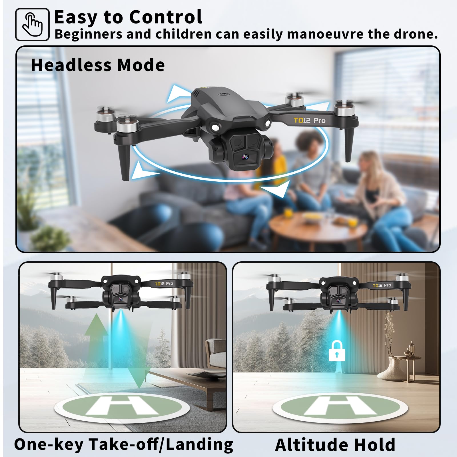 Toladrone Drone con Motore a Spazzole, Drone con 2 Telecamera per Adulti Trasmissione WiFi FPV 5G Droni con Telecamera ESC Mini Drone per Bambini RC Quadricottero per Principianti Drone TD12Pro