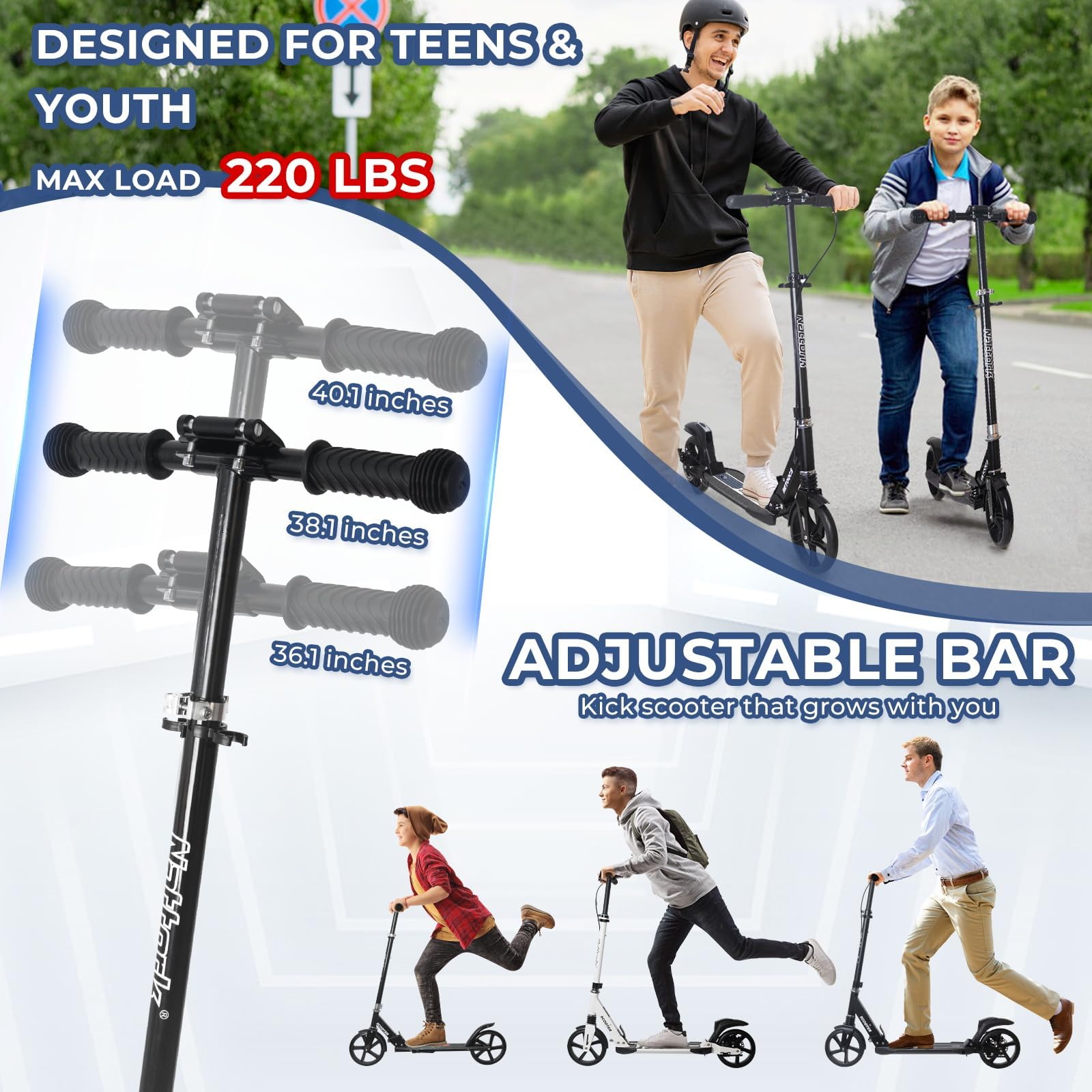 Nattork Trottinette pour enfants, garçons et filles, portable, design pliable léger avec système de freinage, guidon réglable en hauteur et capacité de charge jusqu'à 50 kg