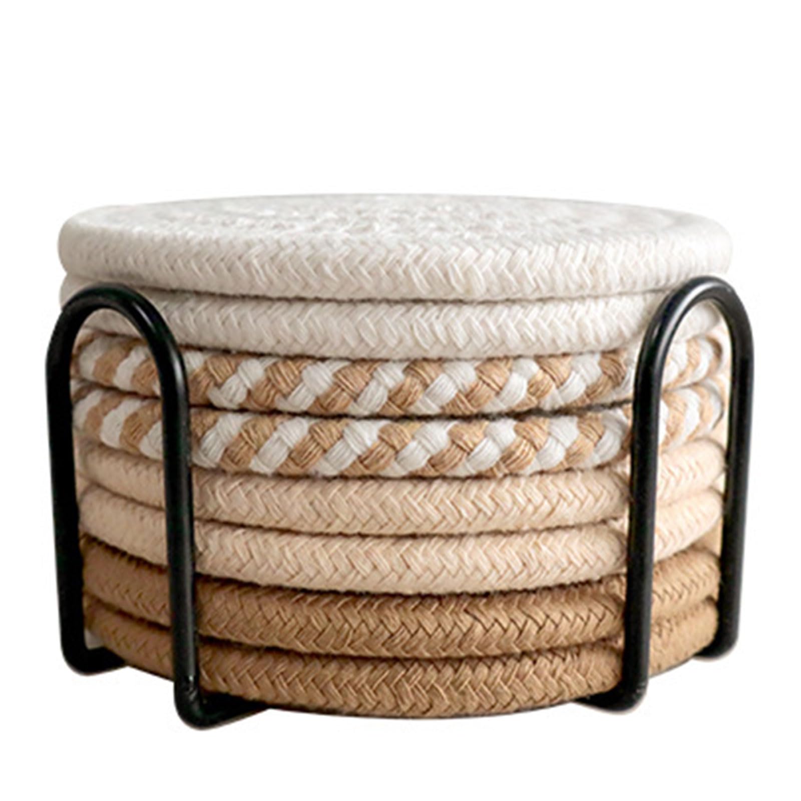 carotoe Absorbent Cotton Rope Coasters Set Placemat with Storage Rack Cotton Rope Woven Placemat Pots Mat Round Thick Insulation Mat