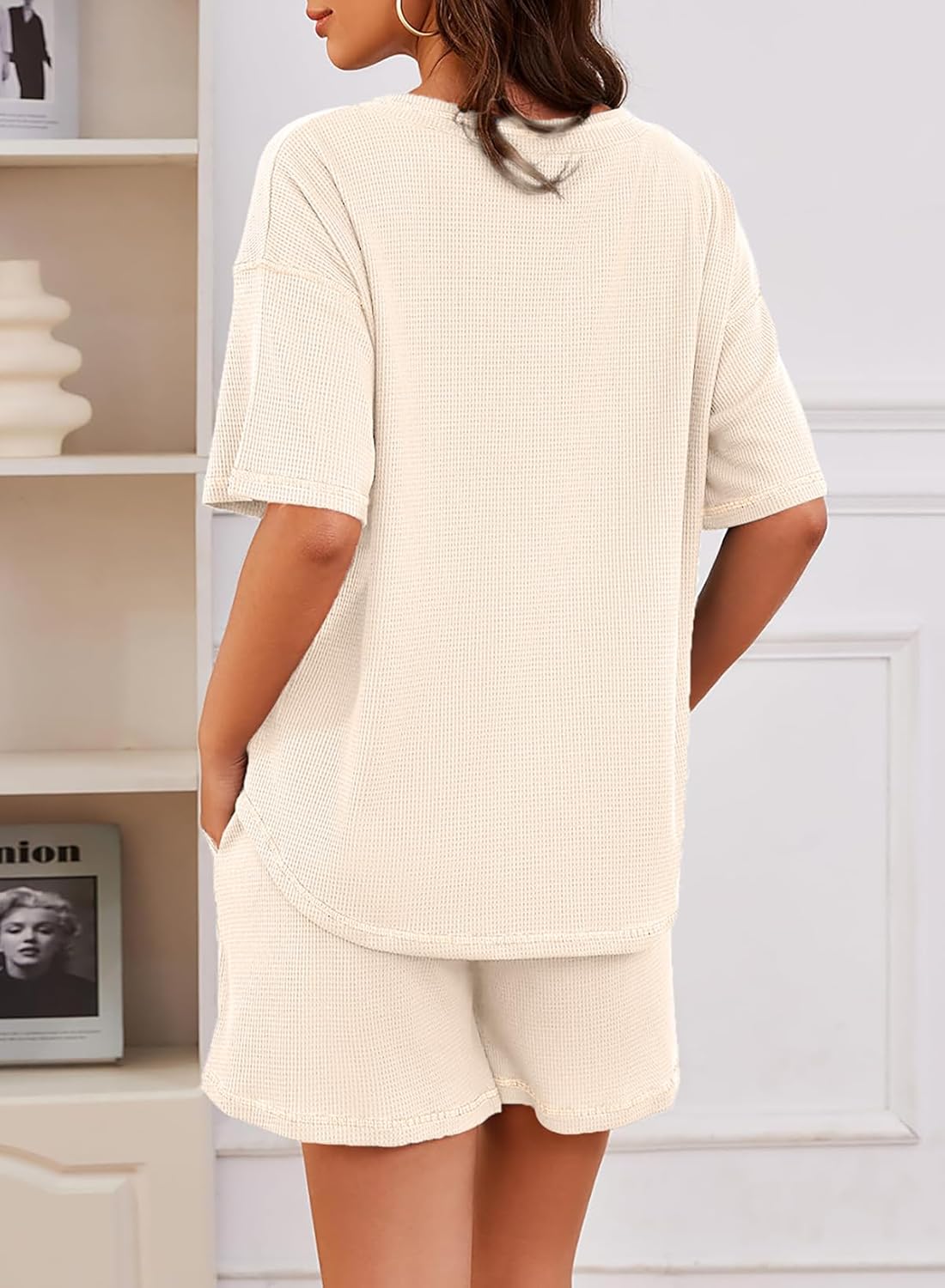 Dokotoo Women's 2 Piece Loungewear Sets Casual Short Sleeve Womens Tops Drawstring Shorts Pants Waffle Knit Sets - Image 3