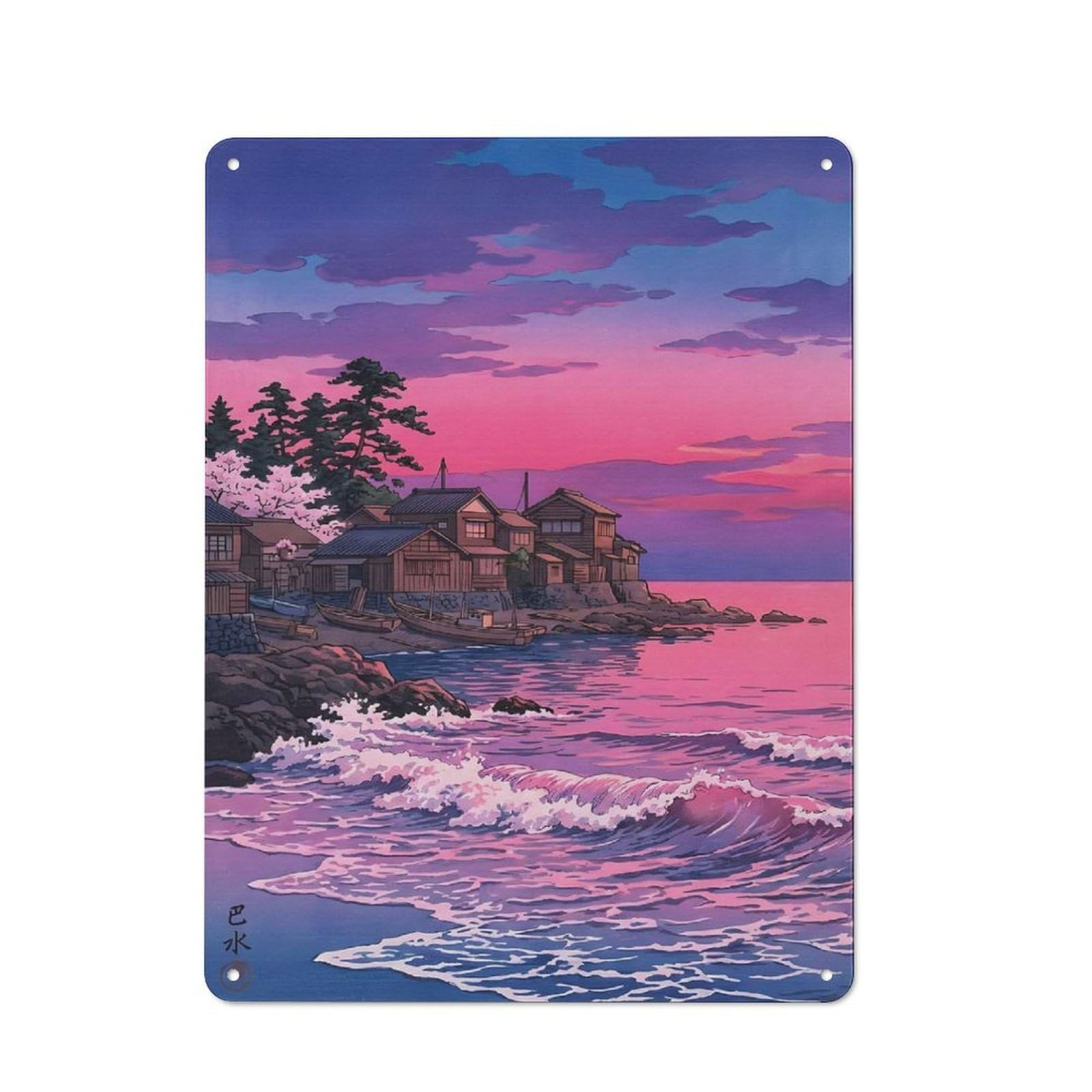 Junmoney Style-16 Casual Japanese Coastal Village At Sunset Shed Metal Sign 40X30cm, Utility Space Decor For Shed, Garden Room, Porch Or Garage