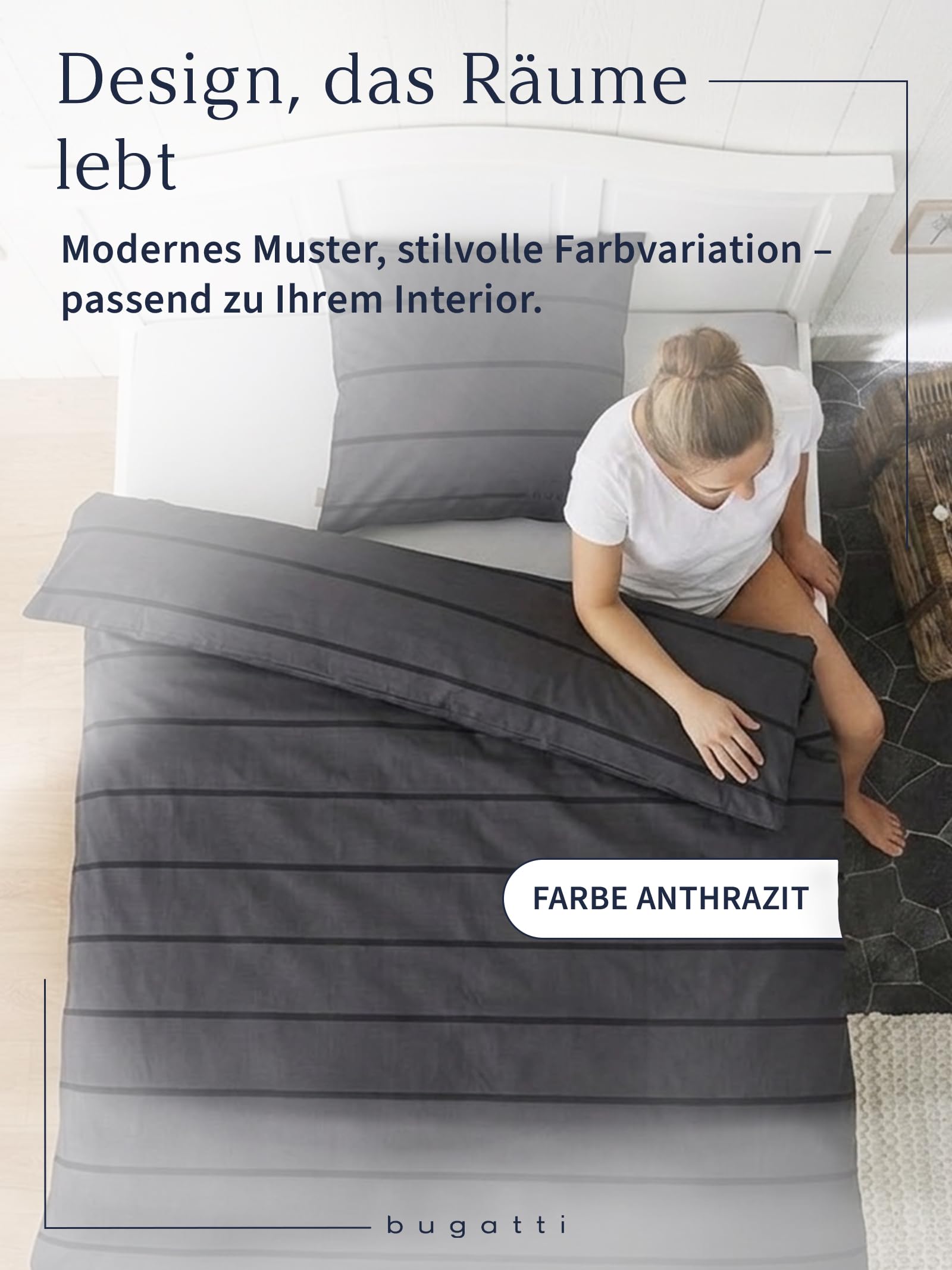 bugatti Bettwäsche 135x200 cm - Satinbettwäsche anthrazit/schwarz, 100% Baumwolle, 2 teilig mit Reißverschluss