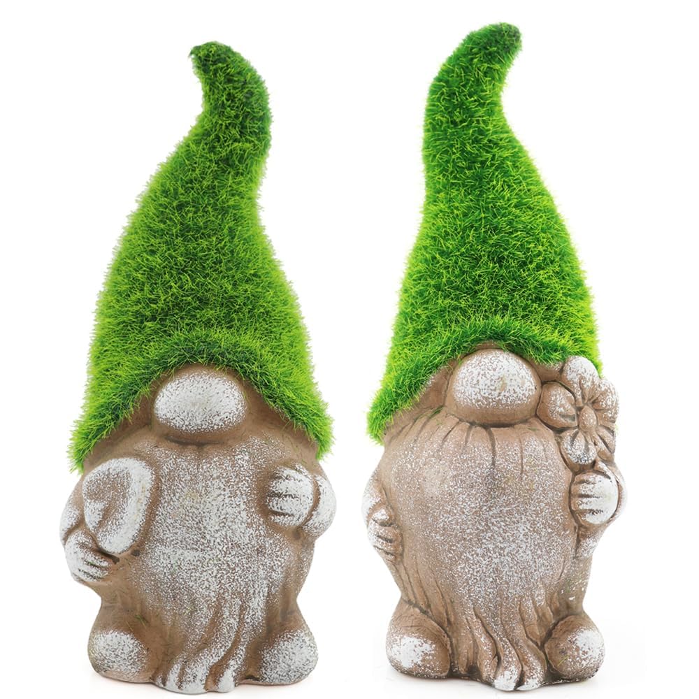Set of 2 Flock Grass Garden Gonk Gnomes – 7"/18cm Ceramic Outdoor Ornaments with Green Flocked Hats & Spades – Cute Stone Effect Decorative Statues for Garden, Patio, Balcony, or Home Décor