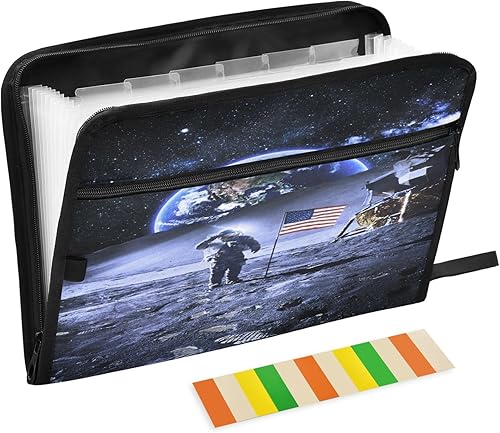 13 Pockets File Folder Organizer A4Letter Water Resistant Astronaut with Flag Moon Document Bag with Zipper Filing Folder Expanding File Pouch