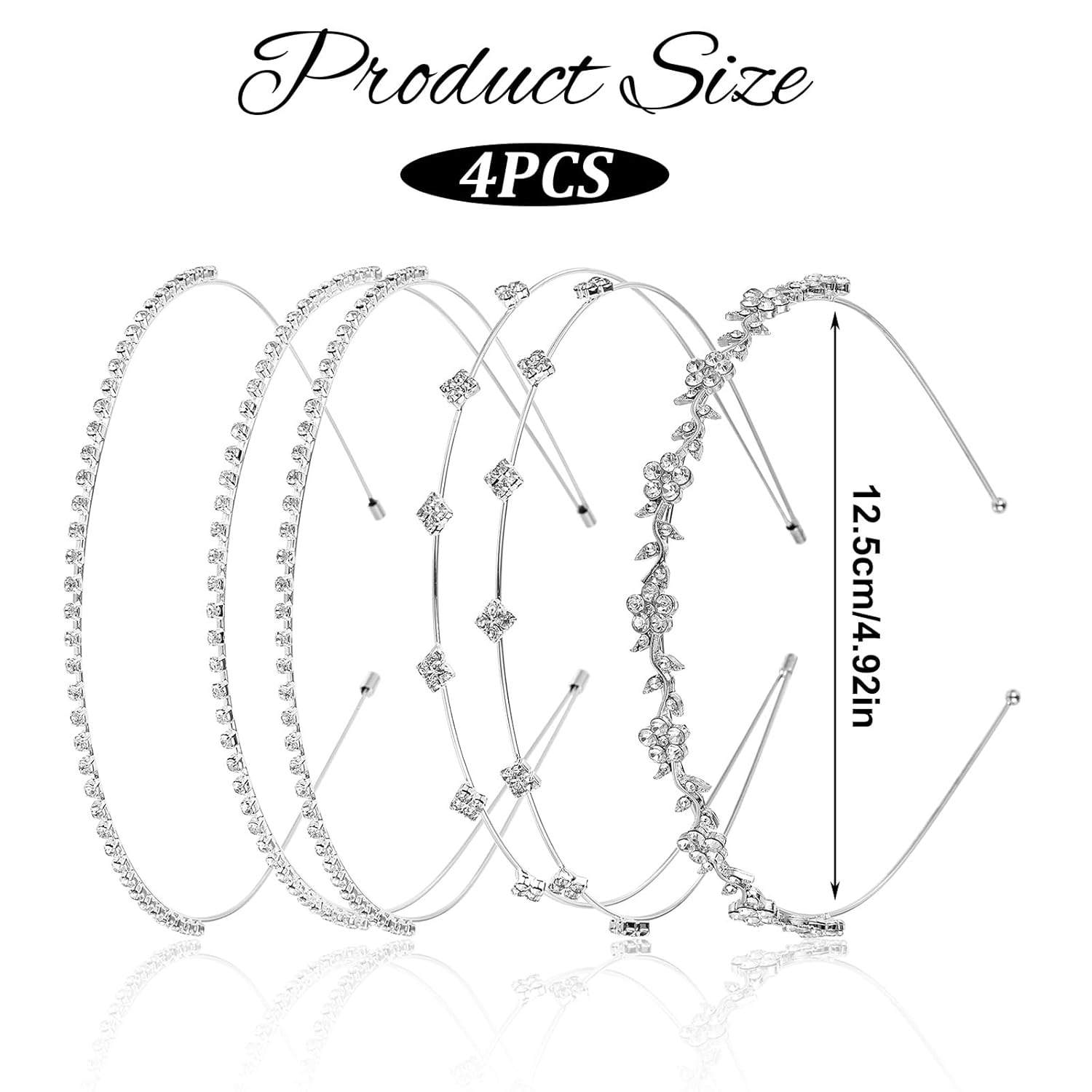 4 Pcs Silver Rhinestone Headband for Women Girls, Bridal Wedding Headband Metal Hair Band Tiara Prom Hair Accessories Crystal Flower Sparkly Diamond Crown - Image 2