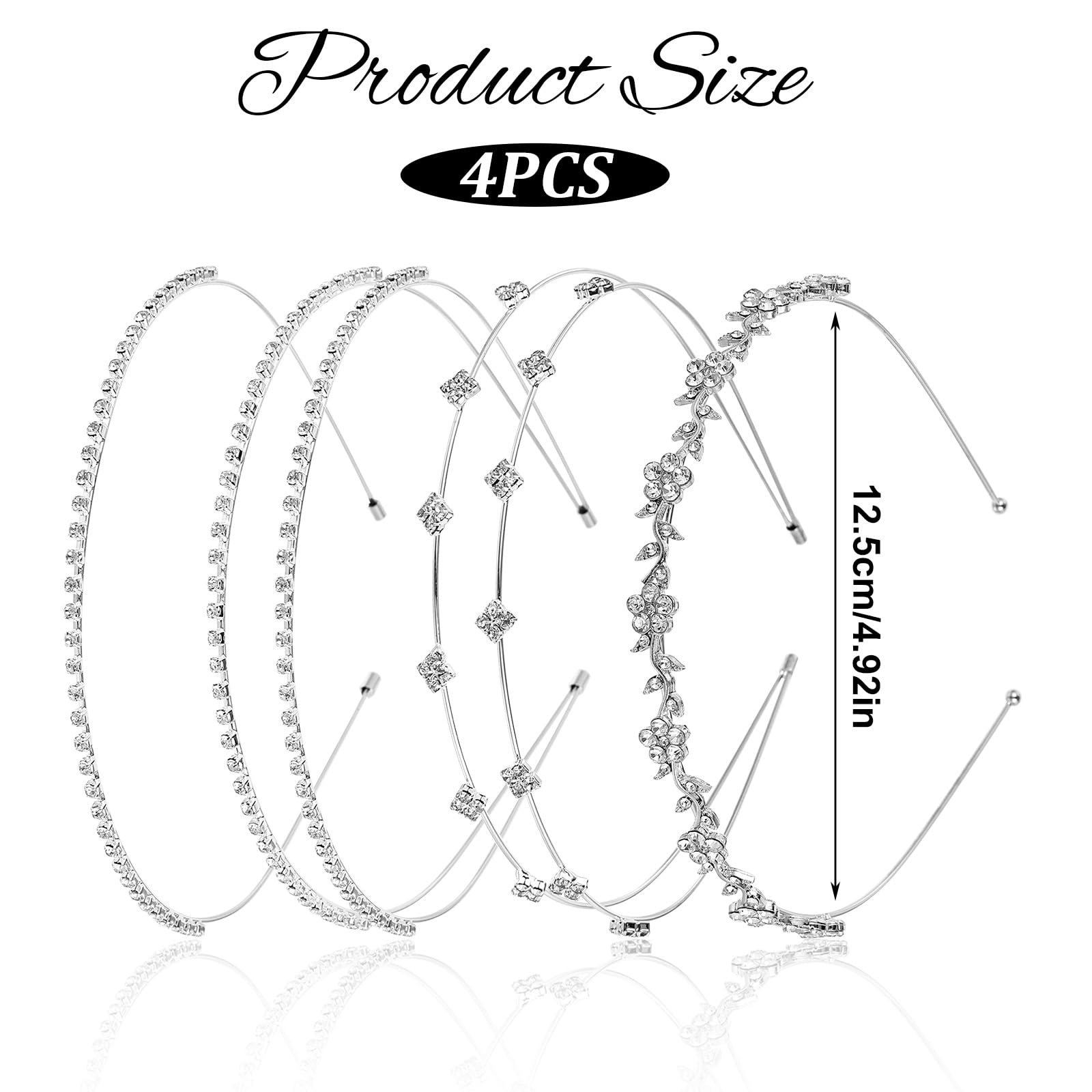 4 Pcs Silver Rhinestone Headband for Women Girls Bridal Wedding Headband Metal Hair Band Tiara Prom Hair Accessories Crystal Flower Sparkly Diamond Crown - Image 2