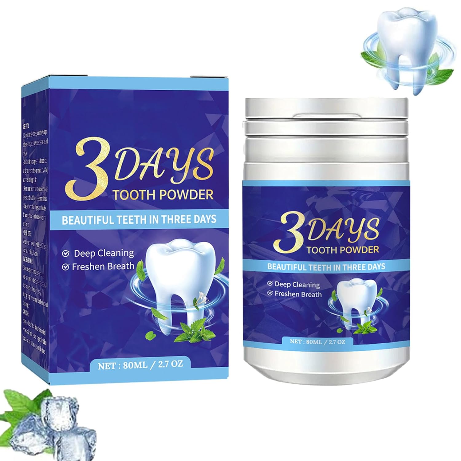 Pó Clareador Dental Natural 3 Dias - 80ml de Pó de Dente de Pérola com Probioticos e Menta para Remoção de Manchas e Sorriso Brilhante