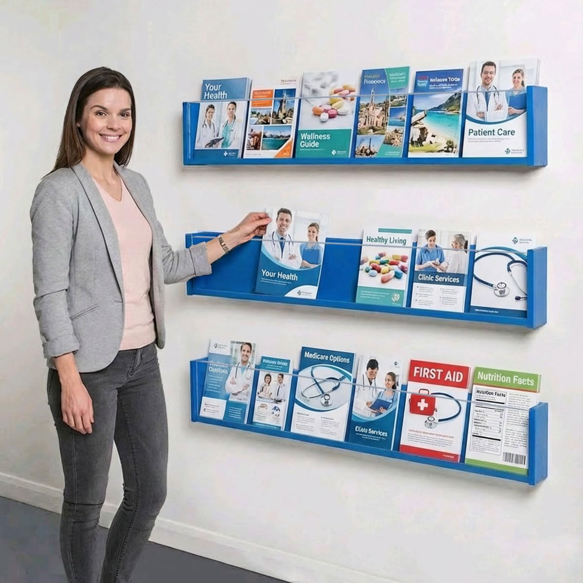 Metroplan Wall-Mounted Literature Display Shelf, Blue Wooden Leaflet Holder with Acrylic Fascia, 222x 1314 x 92 mm, Modern Design - for Reception, Waiting Rooms and Info Hubs
