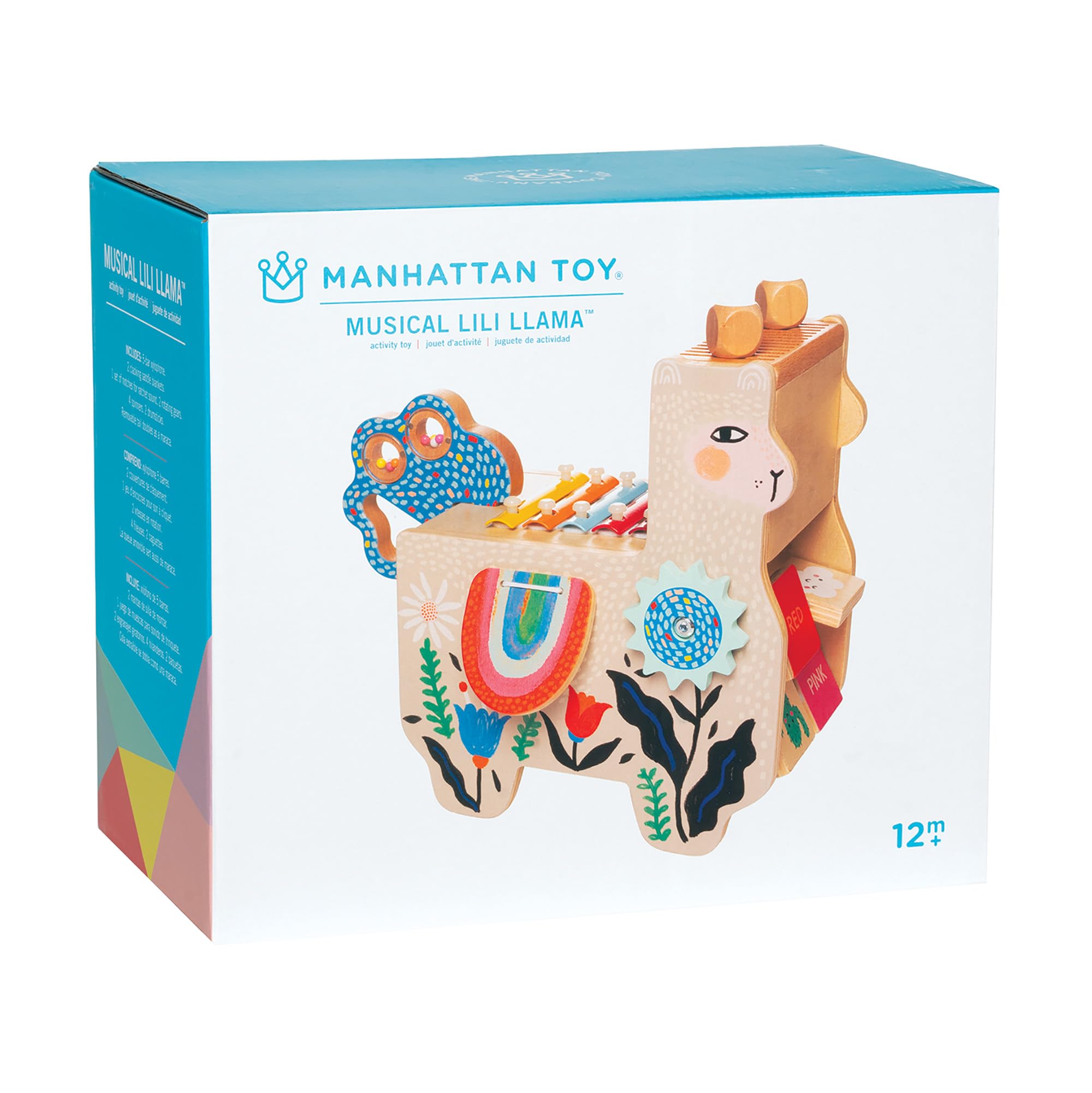 Manhattan Toy Musical Llama Holzinstrument für Kleinkinder mit Maraca, klappernden Satteltaschen, Drumsticks, Waschbrett und Xylophon