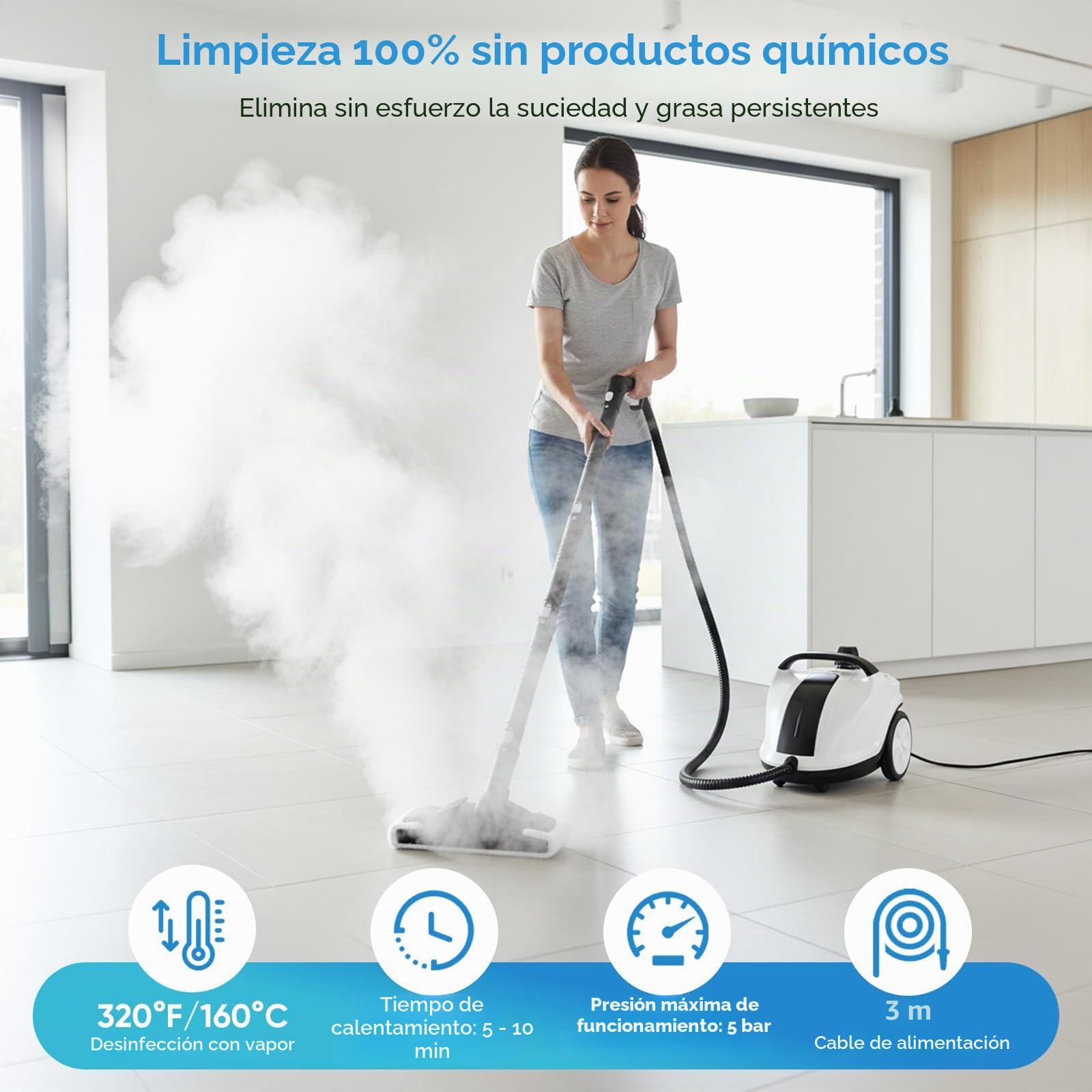 Limpiador a vapor 2000W con 5 bar de presión - Depósito de 2 litros para 100m² de superficie - Set de accesorios de 18 piezas - Limpiador a vapor portátil con cabezal de cepillo giratorio
