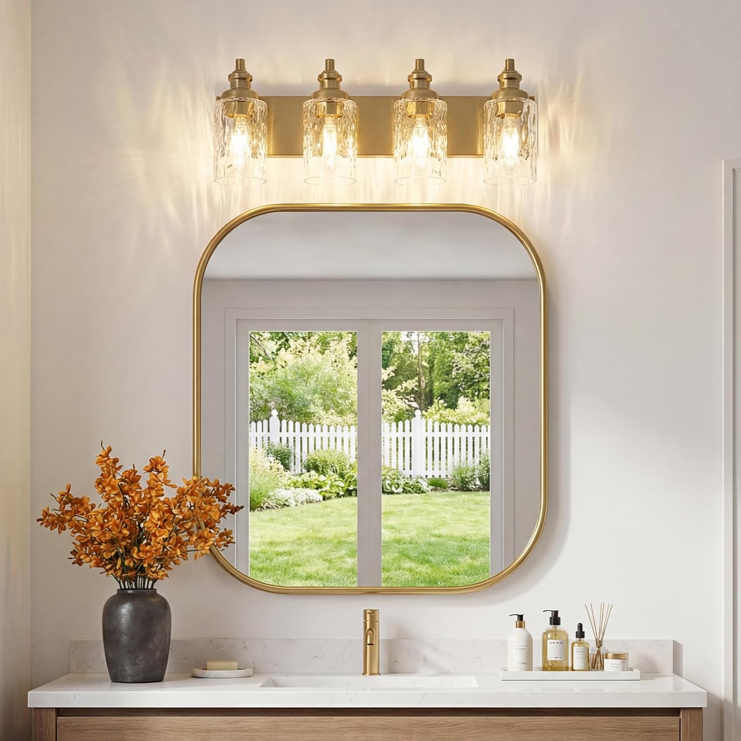 4-Light Bathroom Light Fixtures Over Mirror, Farmhouse Vanity Lights with Hammered Glass Shades, Brushed Brass