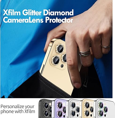 Miniatura 205 de Xfilm Protector de lente de cámara Bling para iPhone 14 Pro/14 Pro Max, dureza 9H a prueba de rayones, protector de anillo individual de metal