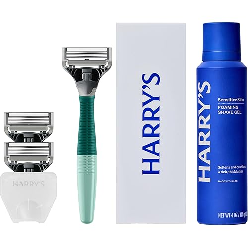 Harry's Original Shaving Kit for Men - 1 Razor Handle, 3 Razor Blade Refills, Foaming Shave Gel, and Travel Blade Cover - German Engineered - Sage