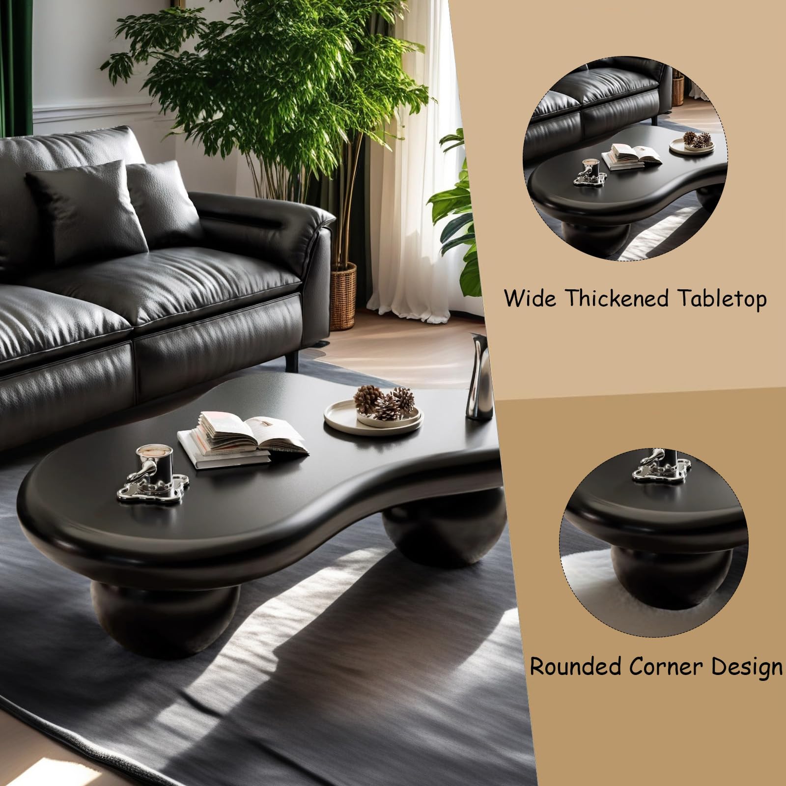Drewniany minimalistyczny stolik kawowy, 3 nogi, nieregularny design, okrągły narożnik, stolik centralny do salonu, funky stolik pomocniczy, 100 cm, brązowe wykończenie