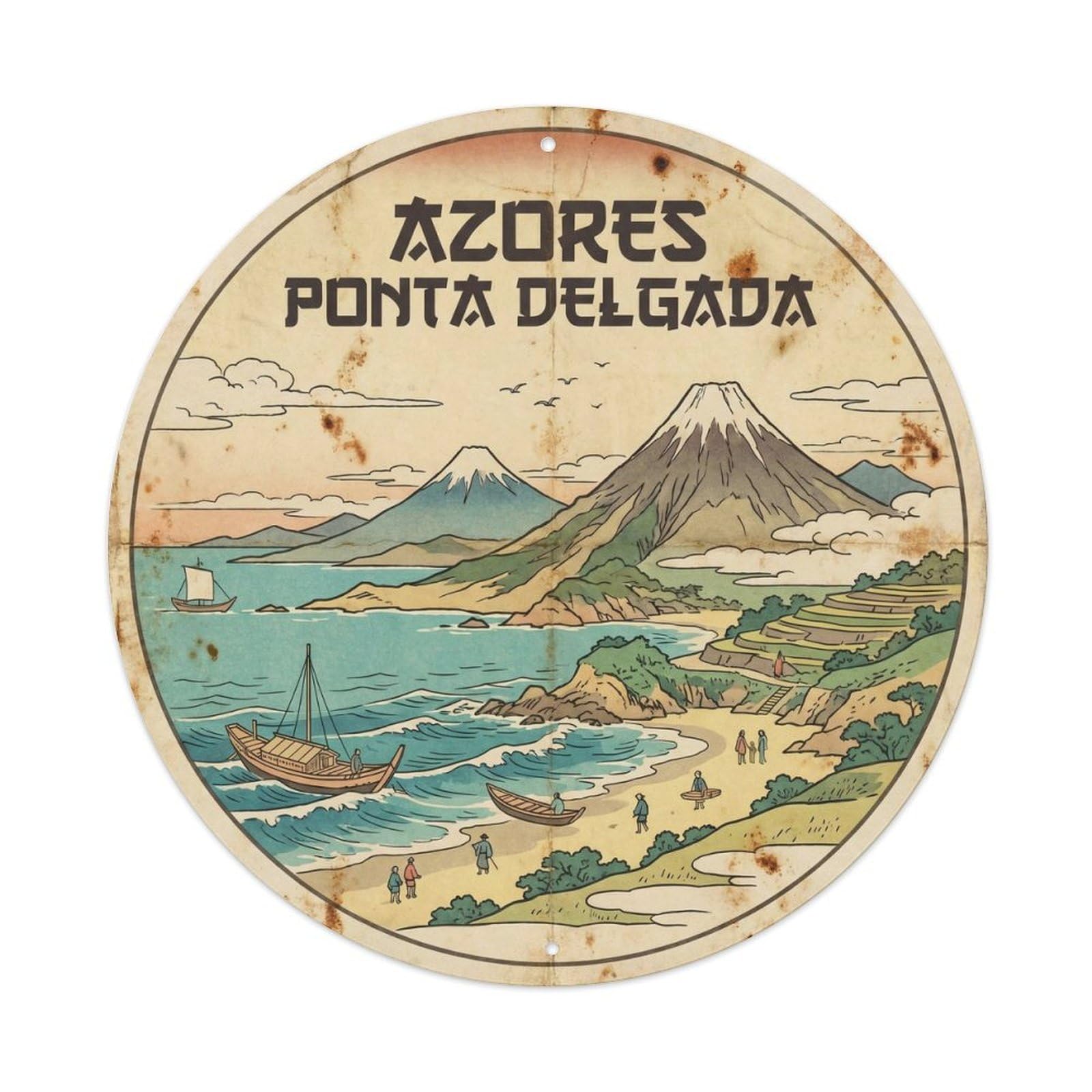 Olyhtr 8X8inch Classic Style Azores Ponta Delgada Coastal Travel Ink Illustration Metal Tin Sign