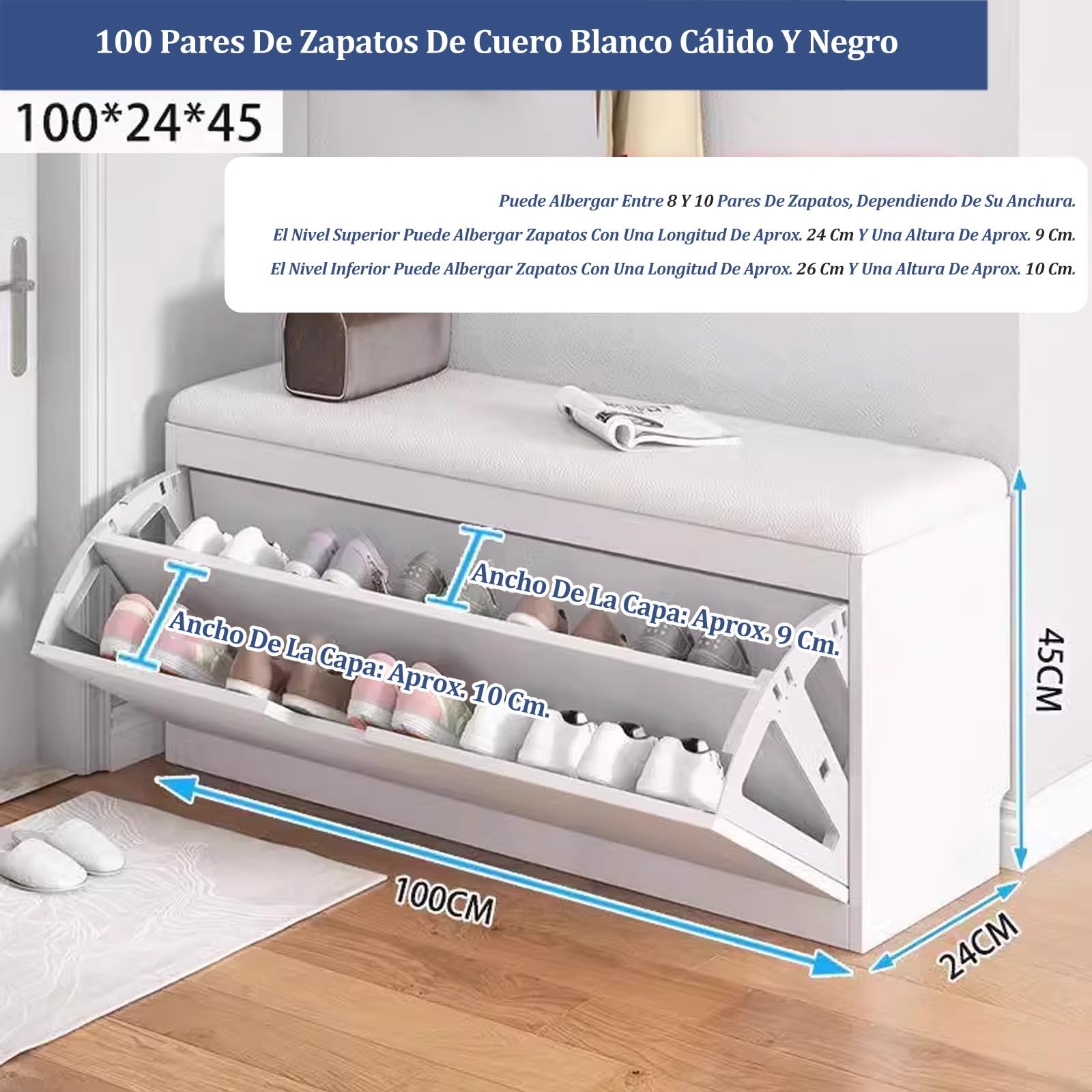 Estanteria Zapatos con Asiento 17-30cm Fondo Zapatero De Madera Zapatero Recibidor Entrada 50cm-100cm Ancho Instrucciones De Instalación Bajo Cerrado(White,39" Lx9 W/100X24cm)