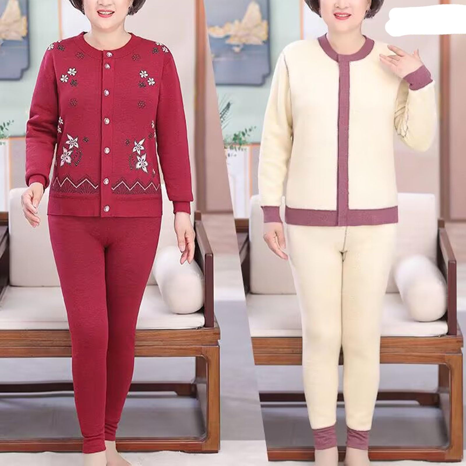 Conjunto De 2 Piezas Cárdigans Estampados For Mujer Suéter Punto Pantalones Y Parte Superior E Inferior Ropa Interior Térmica For Personas Mayores Capa Base Chaqueta Pijama