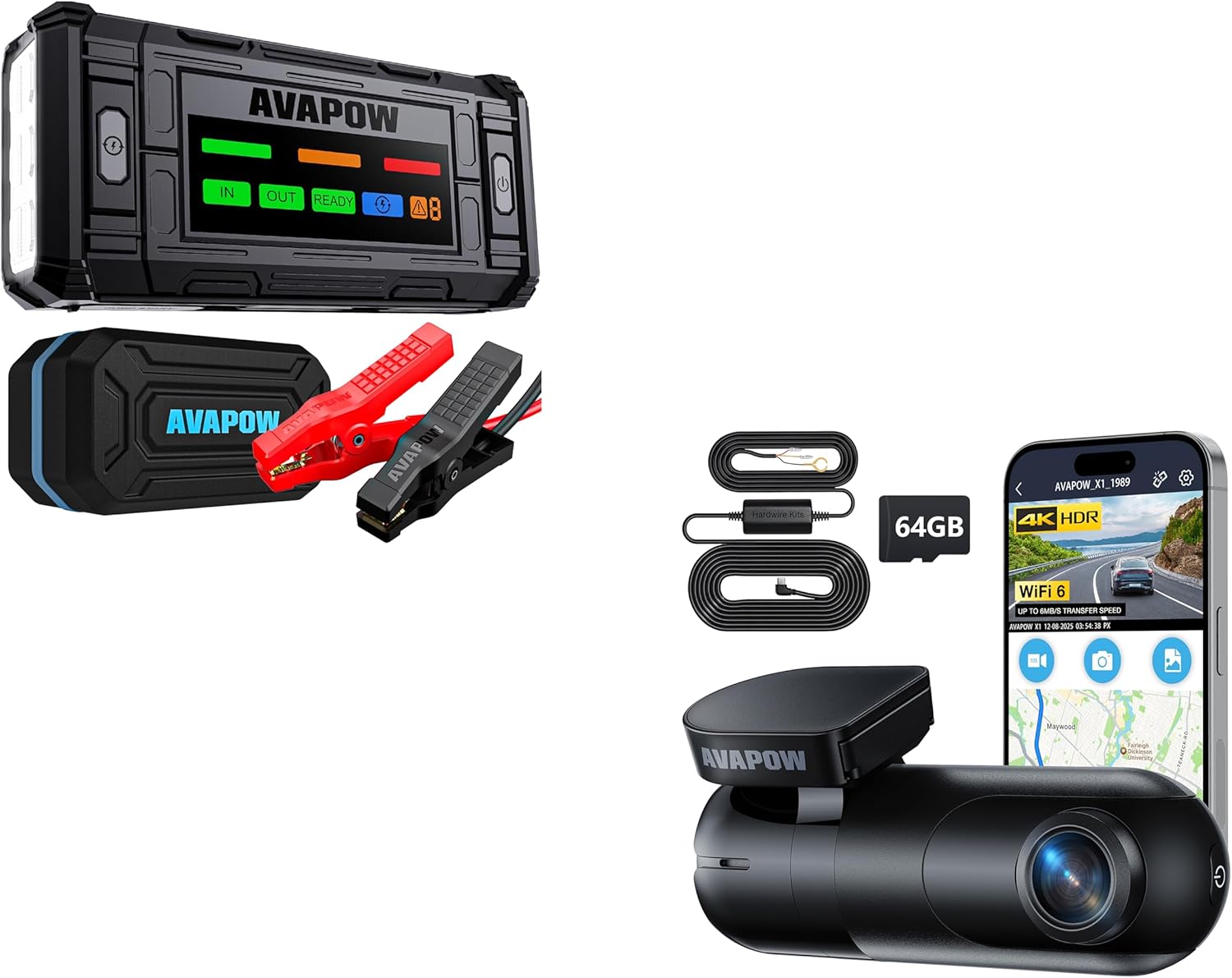 AVAPOW 4K Dash Cam Front for Cars, Free Hardwire Kit & 64GB Card Included - WiFi 6 & AVAPOW TJ18 5000A Jump Starter with Force Start, Battery Jumper Starter Portable for 8.0L Gas & Diesel Engines