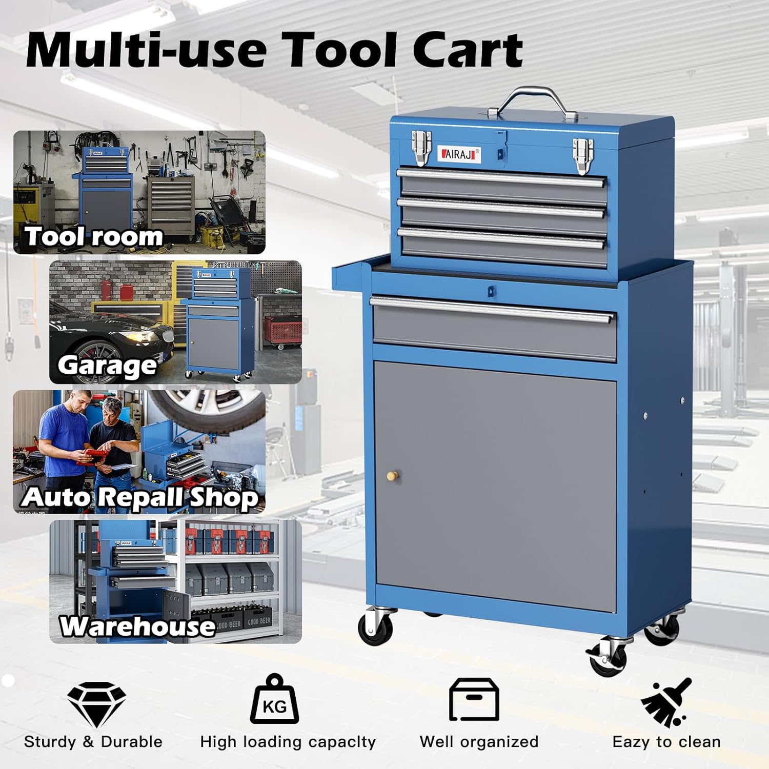 AIRAJ Professional 4-Drawer Rolling Tool Box with Wheels - Portable Tool Chest for Garage Mechanics, Tool Chest for Repair Shop Workers - Includes 5 Free Hooks and 6 Organizer Tray,Blue-Black AIRAJ Professional 4-Drawer Rolling Tool Box with Wheels - Portable Tool Chest for Garage Mechanics, Tool Chest for Repair Shop Workers - Includes 5 Free Hooks and 6 Organizer Tray,Blue-Black