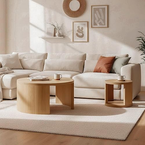 Miniatura 3 de Juego de 2 mesas auxiliares redondas, mesas auxiliares anidables con almacenamiento, juego de mesa de sala de estar, mesa central de madera moderna