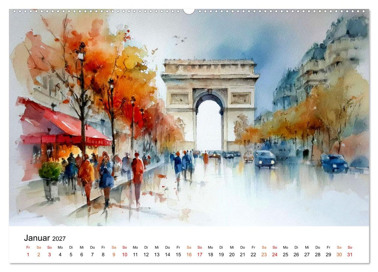 Paris in sanften Farben (Wandkalender 2027 DIN A2 quer), CALVENDO Monatskalender: Paris in warmem Aquarelllicht - sanft gemalt. (CALVENDO Orte)