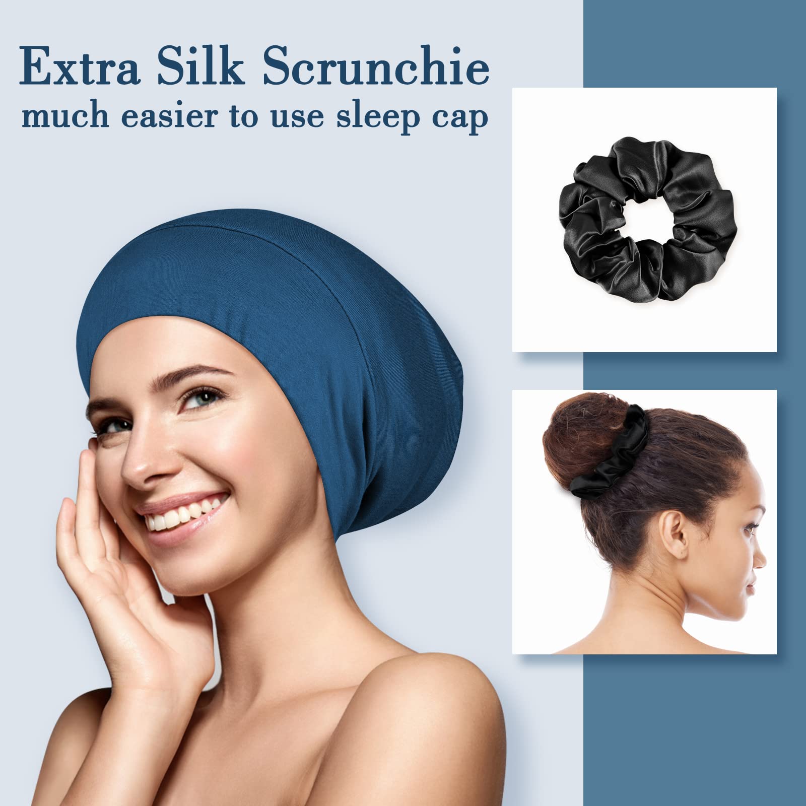 Silk Sleep Cap Bonnet Curly Hair Braids Cap Head Wrap with Scrunchies Blue Satin Bonnet 4 Pack for Women - Silk Sleep Cap for Long  main image 2