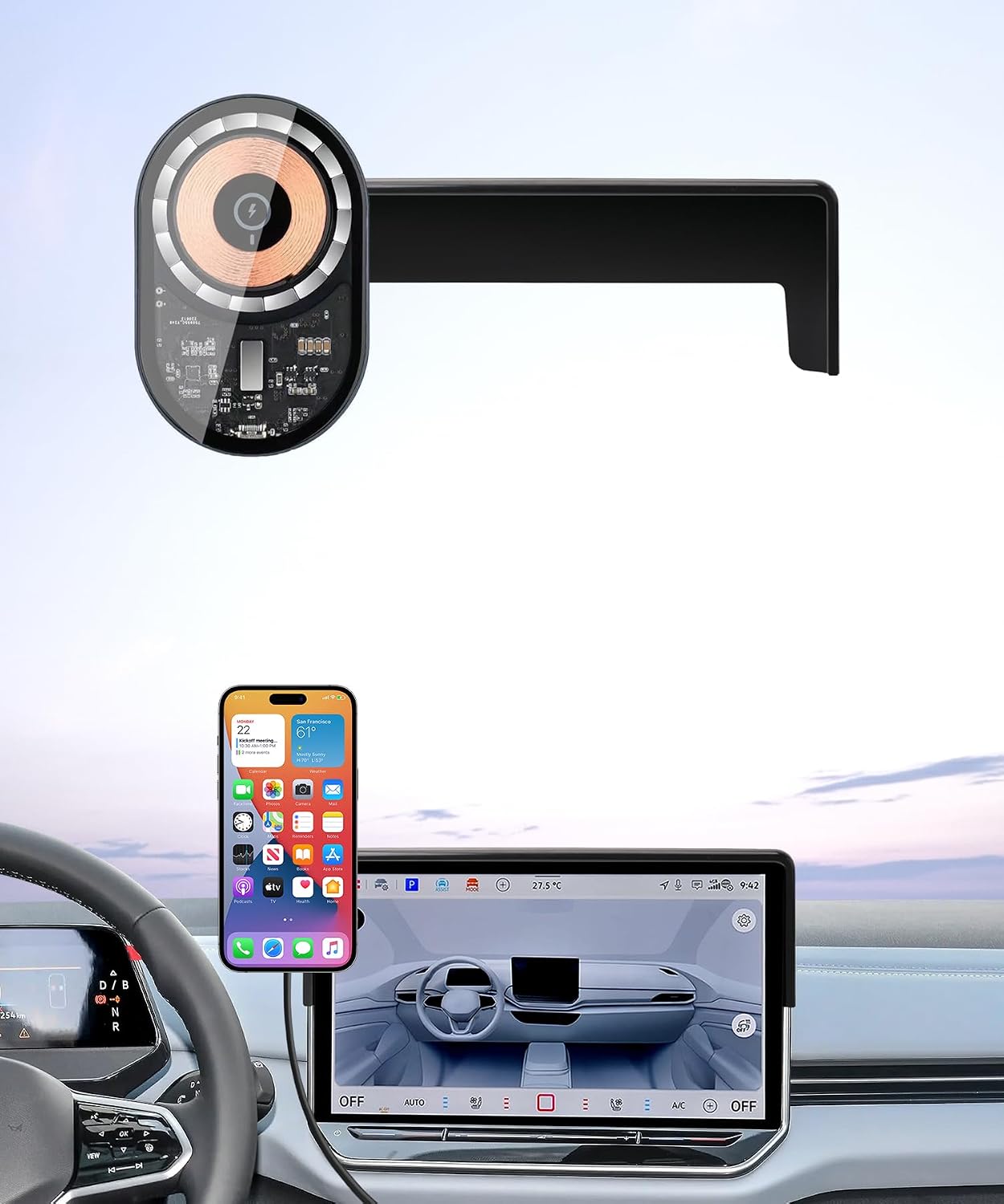 Wireless Charging Car Phone Holder for Volkswagen ID.4 2024-2026 / ID.Buzz 2025-2026, 12.9" Screen Fixed Clip, 360° Rotation Car Phone Mount Compatible with MagSafe